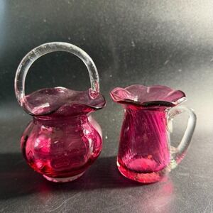 Vintage Pilgrim Cranberry Glass Creamer Open Sugar Clear Handle Hand Blown #132